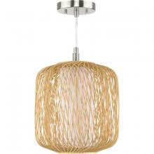  P500395-201 - Cordova Collection One-Light Natural Rattan Organic Modern Mini-Pendant with White Linen Shade