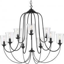  P400196-031 - Bowman Collection Nine-Light Matte Black Clear Chiseled Glass Coastal Chandelier Light