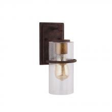  204543A - 1x60W Outdoor waill light with a rust color finish with gold accent and clear seedy g