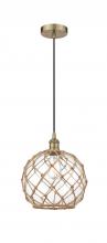  616-1P-AB-G122-10RB - Farmhouse Rope - 1 Light - 10 inch - Antique Brass - Cord hung - Mini Pendant