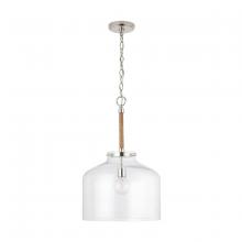  9F373A - 1-Light Clear Seeded Glass Wide Cloche Pendant with Natural Jute Rope Accent in Nickel